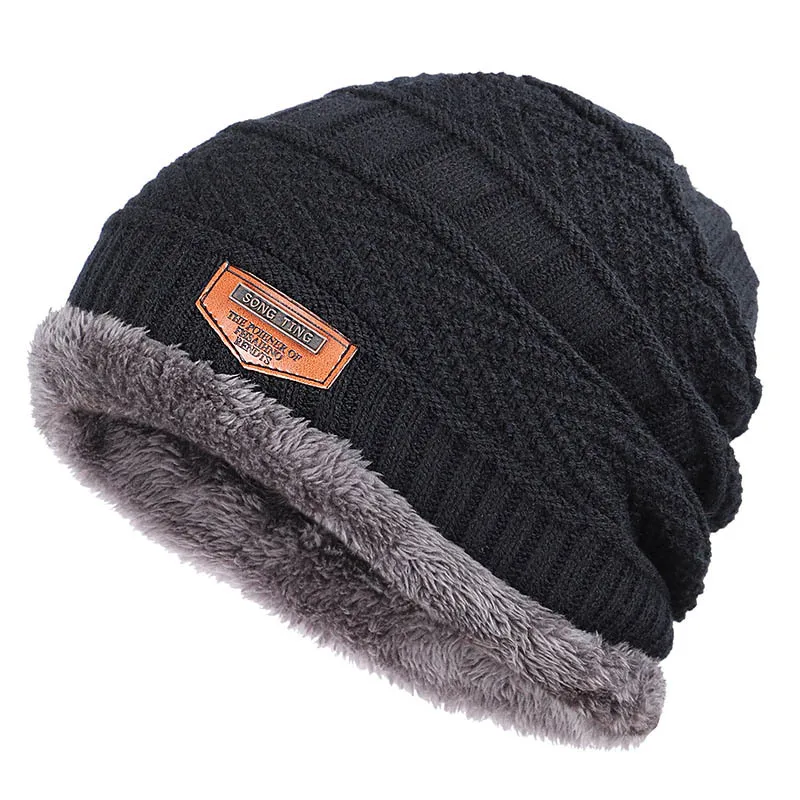 

Winter new knitted men's hats plus velvet thickening outdoor warm and comfortable caps unisex leather label skullies beanie male