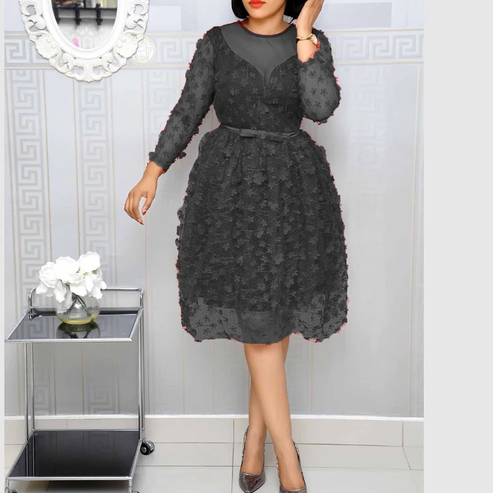 

Fashion Party Africa Dress Women Sexy Appliques Mesh Patchwork Office Sequins Dress Vintage Cocktail Midi Vestidos Plus Size New