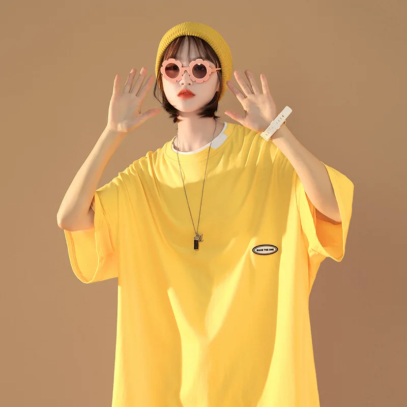 T-shirt oversize in due pezzi falsi per donna 2021 moda fidanzato abbigliamento sciolto ragazze adolescenti giapponesi t-shirt larghe Streetwear