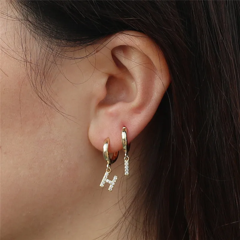 Fashion 26 Alphabet A-Z Rhinestones Hoop Earrings for Women Gold Small Letter Tiny Huggie Hoops Minimalist Jewelry | Украшения и