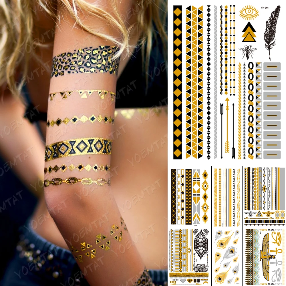 

Waterproof Temporary Tattoo Sticker Hand of Fatima Gold Metallic Flash Tatoo Boho Mandala Henna Jewelry Glitter Body Art