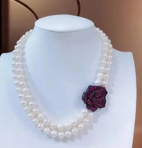 

Бесплатная доставка, ювелирные изделия, 2 ряда, 9-10 мм, ожерелье из натурального белого жемчуга южного моря, подвеска с микро-инкрустацией из циркония в виде цветка 17-18 дюймов