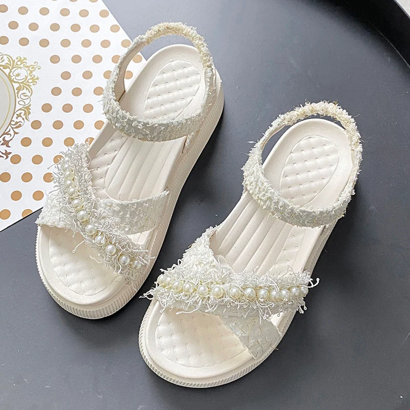 

Women Sandals 2021 Summer Fashion Pearl Decoration Solid Color Open Toe Round Head Comfortable Platform Sandals Female Shoes