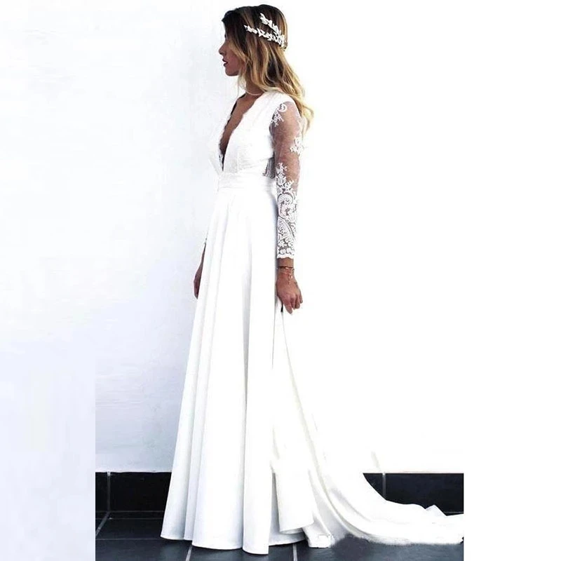 

Beach Wedding Dresses A-line V-neck Long Sleeves Chiffon Lace Backless Dubai Arabic Wedding Gown Bridal Dress Vestido De Noiva