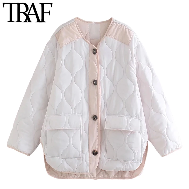 

TRAF Women Fashion With Pockets Oversized Padded Jacket Coat Vintage Long Sleeve Button-up Female Outerwear Chic Tops