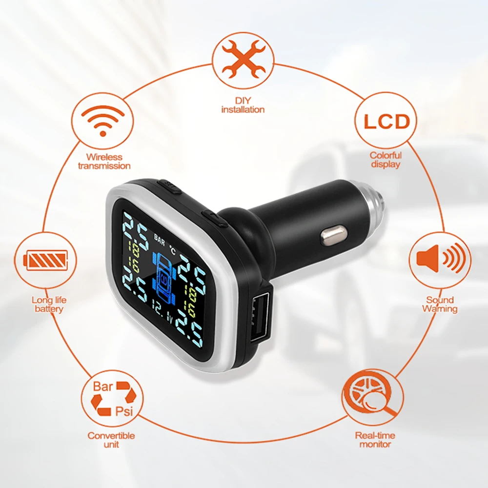 Автомобильный TPMS прикуриватель USB система контроля давления в шинах 4 внешних