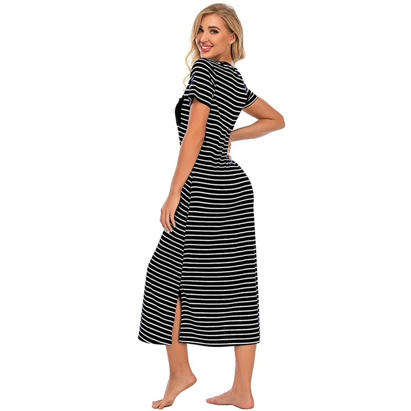 

Women Cotton Long Nightwear Sleep Dress Short Sleeve Homewear Nightdress Long Nightgown Striped Home Dressing Gown
