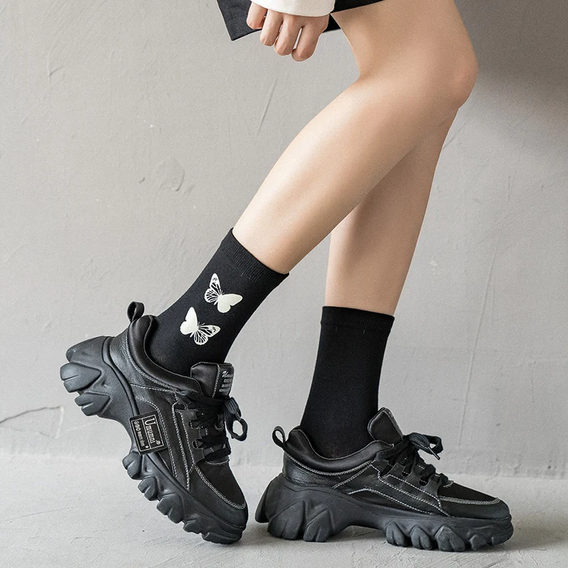 CARTELO New Solid Color Black Butterfly Pattern Women Sock Classic Fashion Cute Sport Breathable Cotton Stockings Носки женские