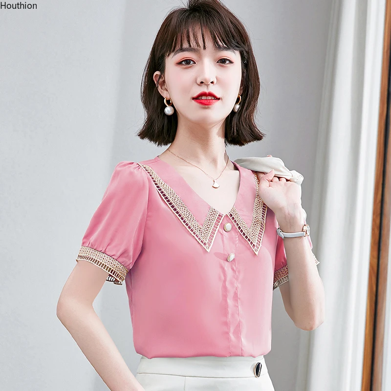 

Women's Blouse Short Sleeve Top Patchwork Doll Collar Shirt Chiffon Blouses Loose Fashion Shirts Casual New Lady Blusas 10065