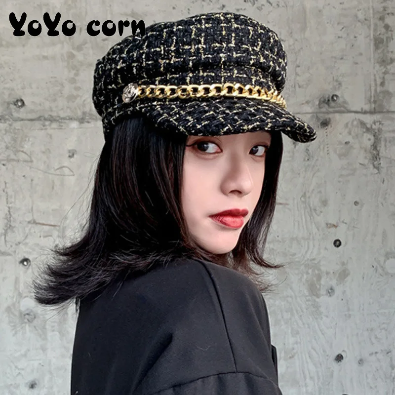 

YOYOCORN Chain octagonal cap woman small fragrance flat top navy newspaper bean hat girl cap plaid British retro hipster beret
