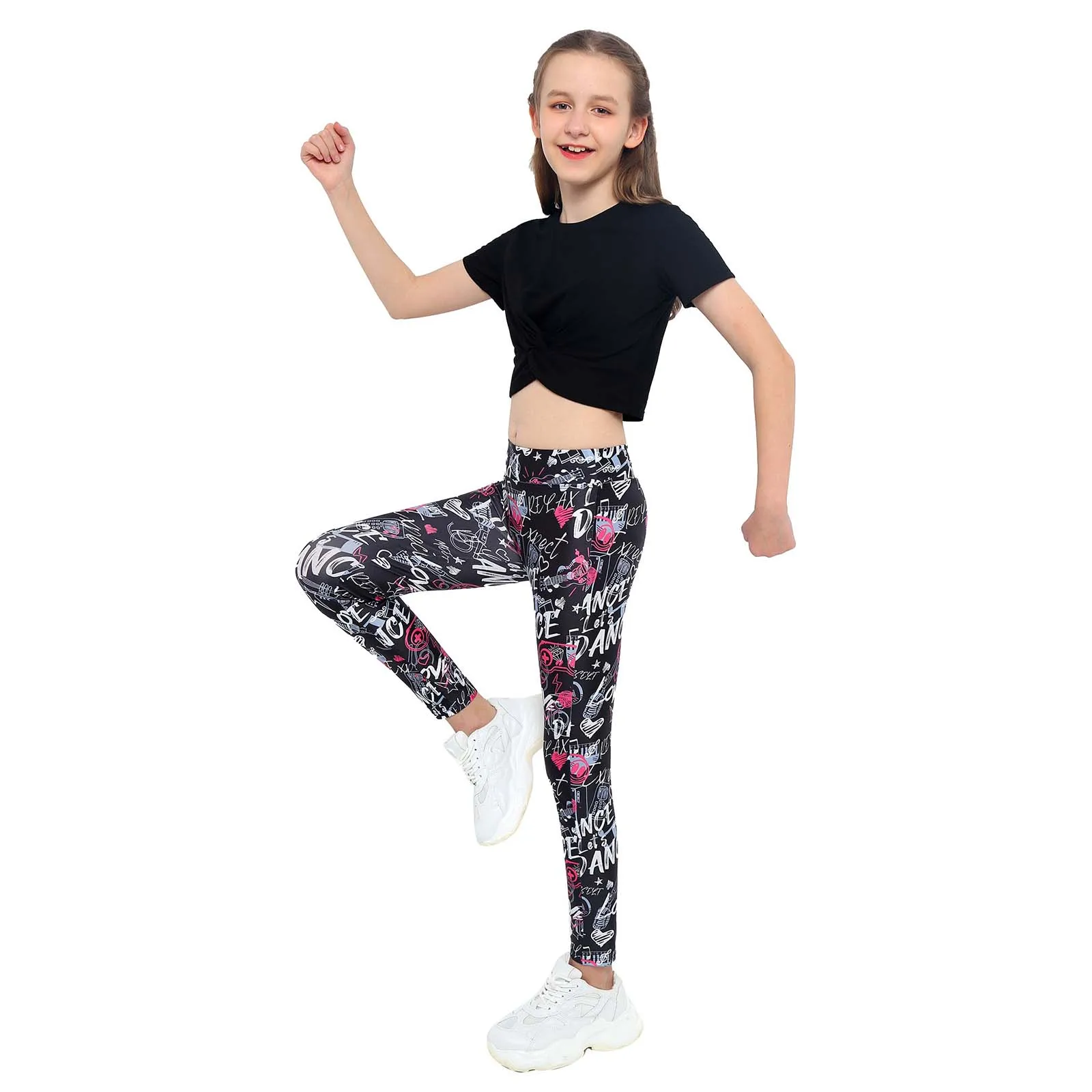 

2PCS Kids Girls Yoga Running Fitness Sport Suit Dancewear Short Sleeves Knot Blouse with High Waist Letter Print Leggings Set