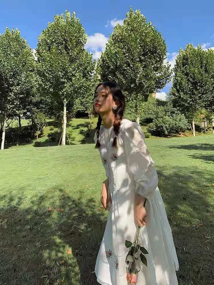 

6080 White Long Style French Pastoral Lace Dress Women's Spring Long Sleeve Fairy Gentle Long Dress Two-Piece Set