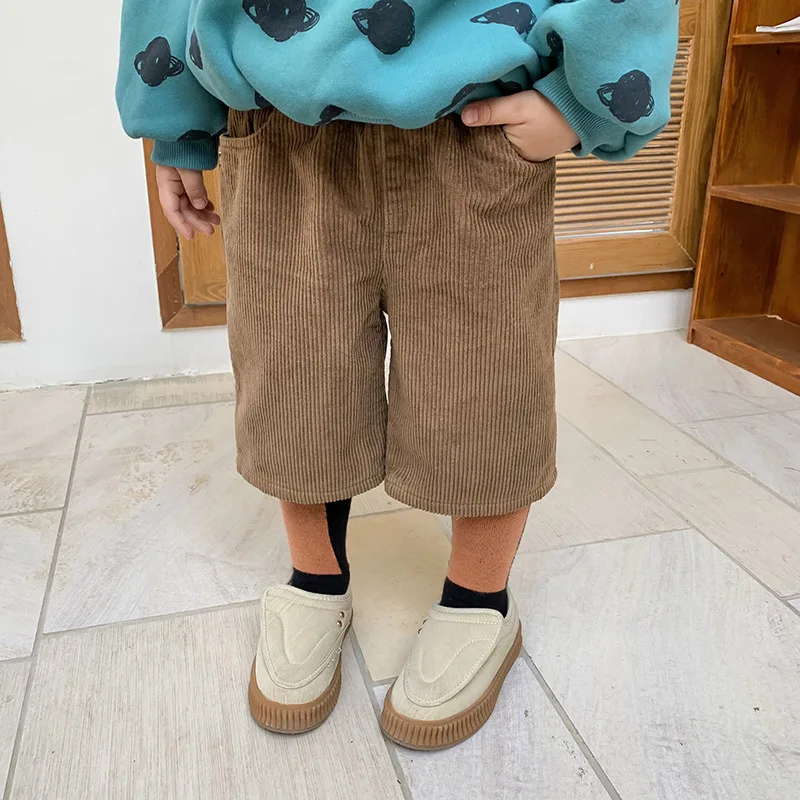 Зимние плотные вельветовые укороченные брюки из флиса для мальчиков однотонные