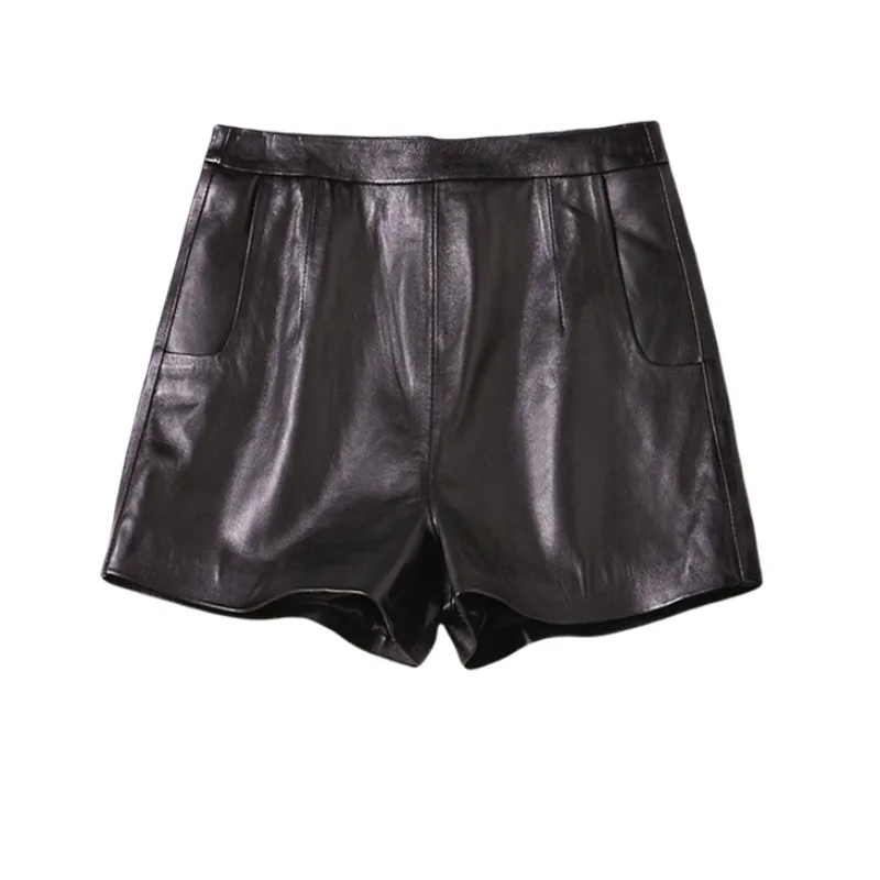 

Top Quality Genuine Leather Shorts Women Solid Wide Leg Mini Trousers Streetwear Natural Sheepskin Ladies Sexy Push Up Shorts