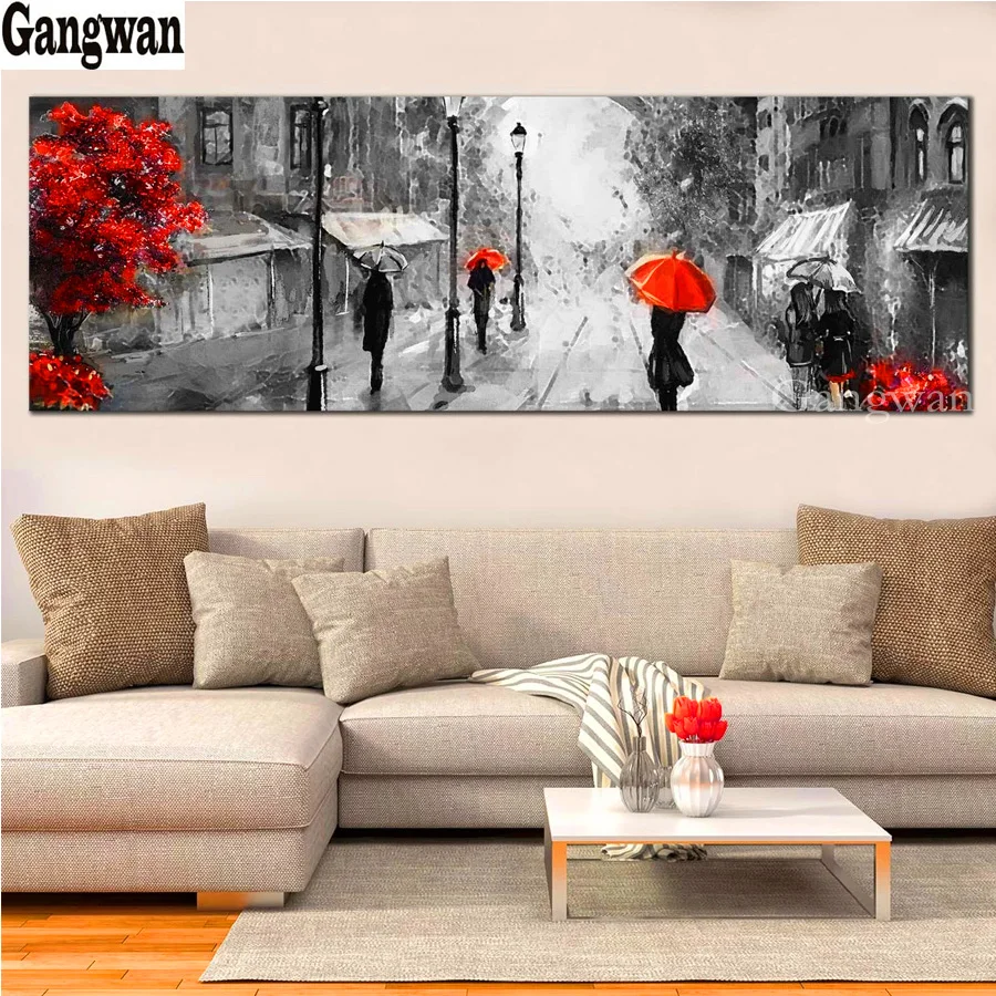 

large 5D DIY Diamond Painting black white paris red tree cross stitch mosaic full square round diamond embroidery city street