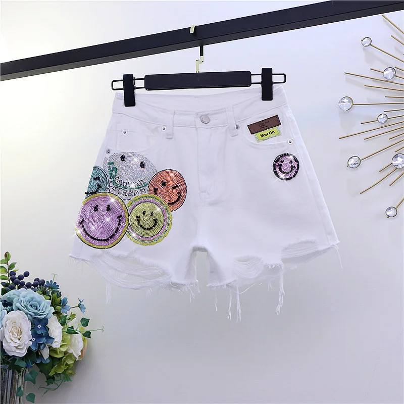 

White Denim Shorts for Women Summer Smiley Beading Shorts Jeans Female Fringed fringe Sexy Washed Jeans Shorts