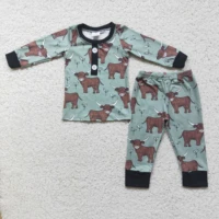 dark green color kids pajamas suit toddler boy long sleeve brown cows top match long pants teenager clothing set with button