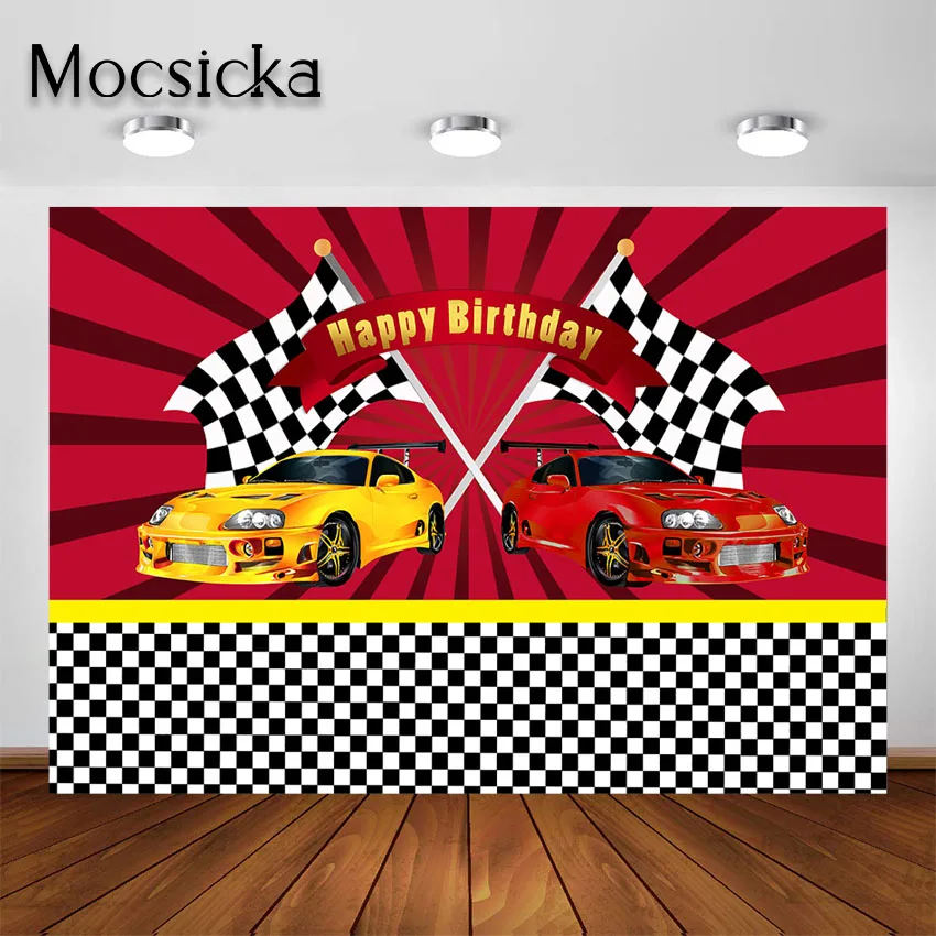 

Mocsicka Race Car Backdrop Black White Grid Red Yellow Car Racing Boy Kid for Birthday Party Decorations Photography Background