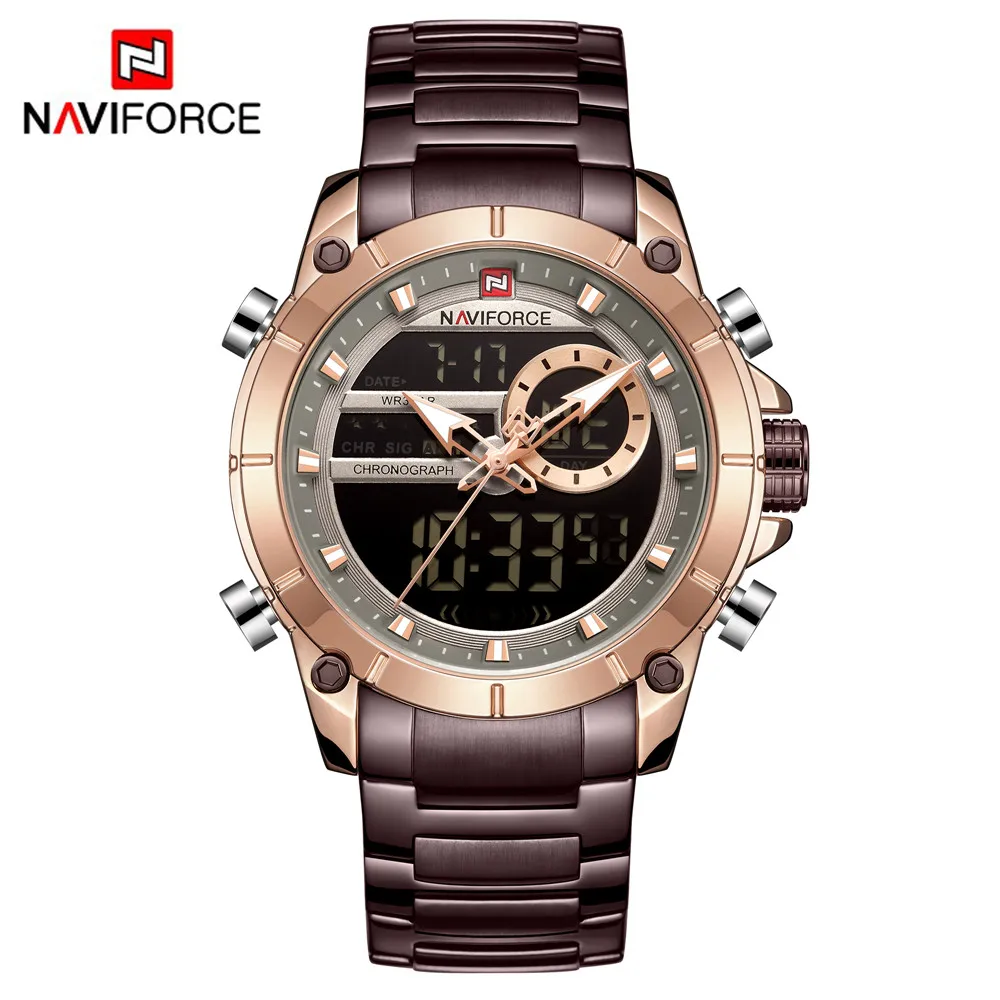 Coffee NAVIFORCE мужские часы с двойным дисплеем, мужские наручные часы, спортивные мужские s часы, Лидирующий бренд, водонепроницаемые часы из стали, Relogio Masculino - Цвет: Coffee