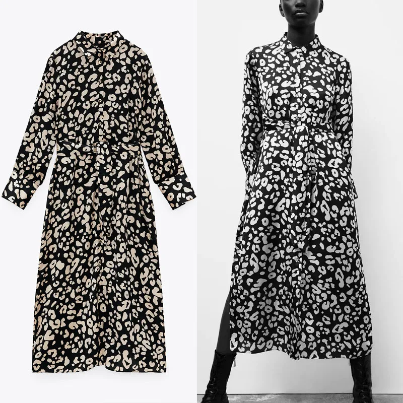 

Женское атласное платье-миди Za, винтажное офисное платье с длинным рукавом и поясом, элегантное платье с боковыми разрезами, 2020