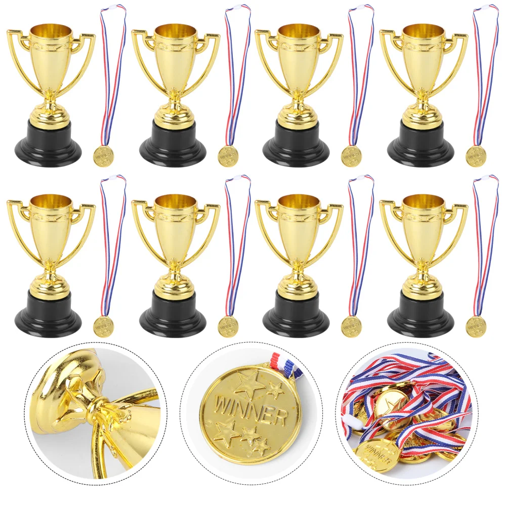 

12pcs Mini Gold Cups Trophy and Award Medals Prizes Small Medals Gift Awards Trophy Toys for Students Sport(6pcs Trophie