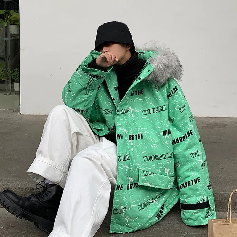 Мужская куртка-пуховик оверсайз с буквенным принтом зимняя модная трендовая