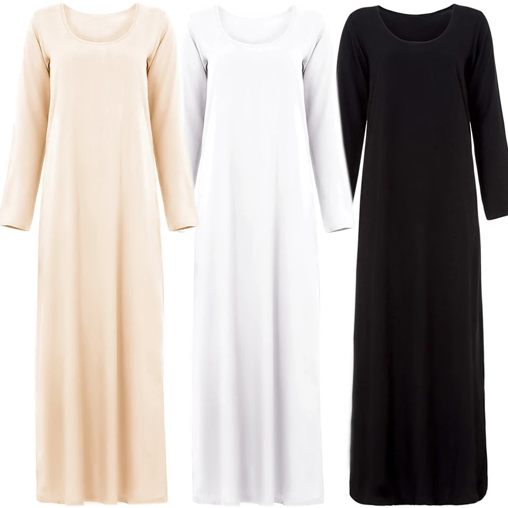 muslim solid basic bottoming dress women 95% cotton simple inside dresses dubai arab turkish caftan hijab islamic clothing | Женская