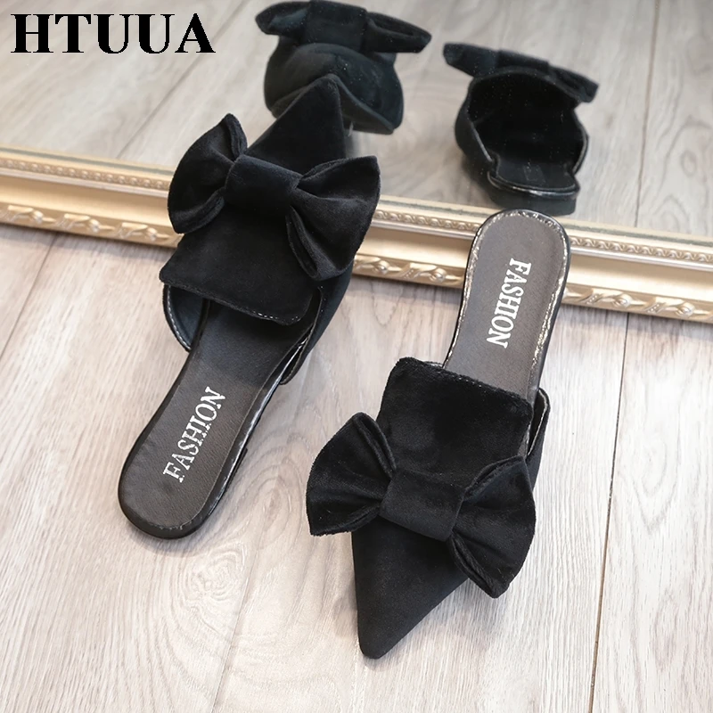 HTUUA/летние туфли без задника из флока; женские шлепанцы с острым носком; шлепанцы на плоской подошве с бантом; женские сандалии; SX2381