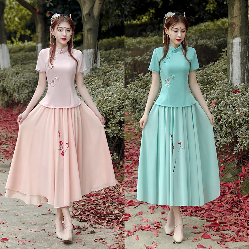 Китайский Стиль с вышитыми цветами женские костюм ханьфу юбка Cheongsam комплект из 2