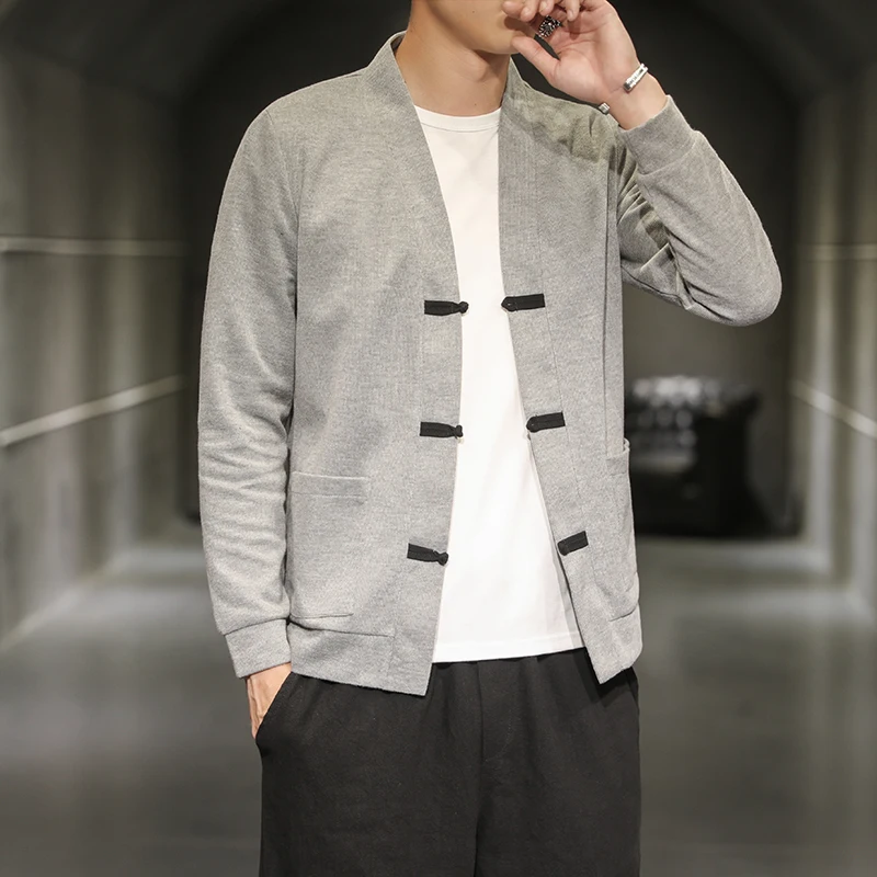 

M-5XL Plus Size Men`s Chinese Traditional Mandarin Collar Frog-Button Sweater Man Streetwear Long Sleeve Cargidan XXXXXL