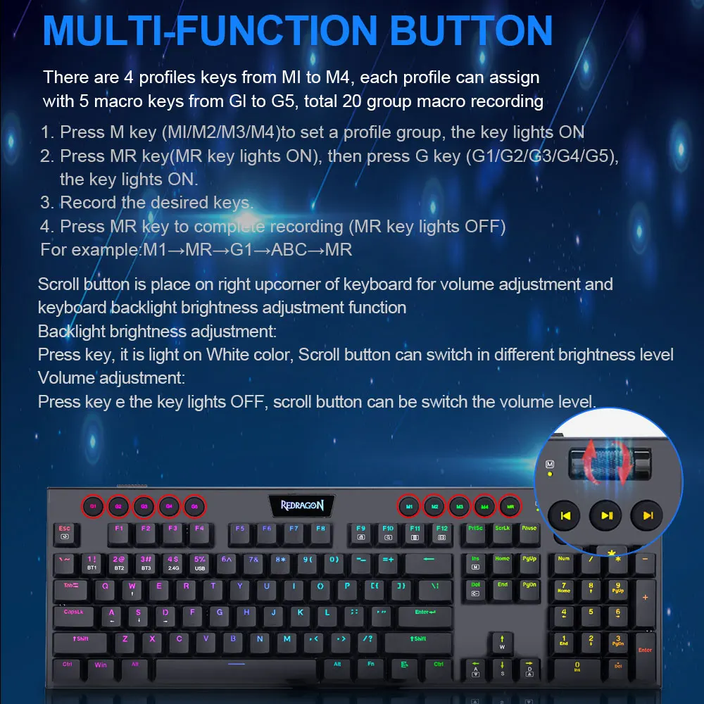 Redragon Horus K618 RGB поддержка Bluetooth 5 0 Беспроводная USB 2 4G 3 режима Механическая игровая