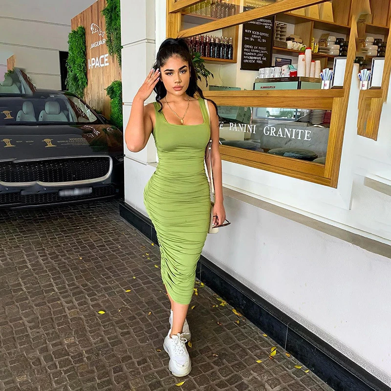

Woman Dress Sexy Bodycon Ruched Solid Dresses Women Robe Fashion Sleeveless Skinny Club Basic Midi Long Slim Elegant Party