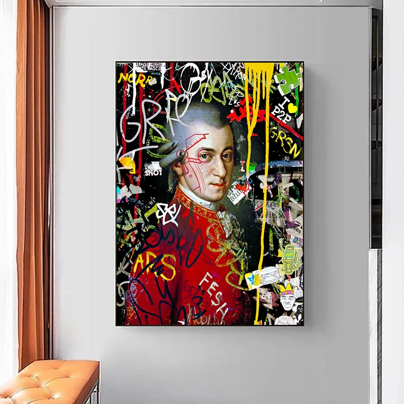 

Famous European Composer Mozart Graffiti Art Canvas Painting Portrait Posters and Prints Wall Art Pictrues for Room Home Decor