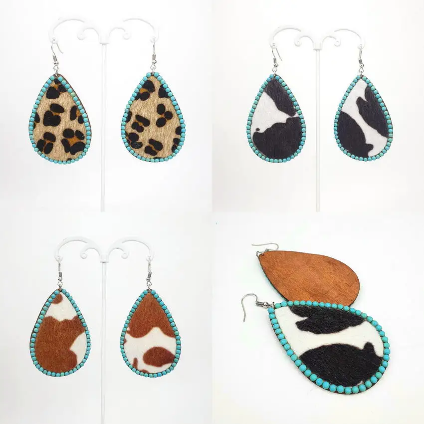 

Turquoise Stone Beaded Surround Wood Leather Leopard Earrings for Women Animal Print Teardrop Statement Earrings Jewelry Gifts
