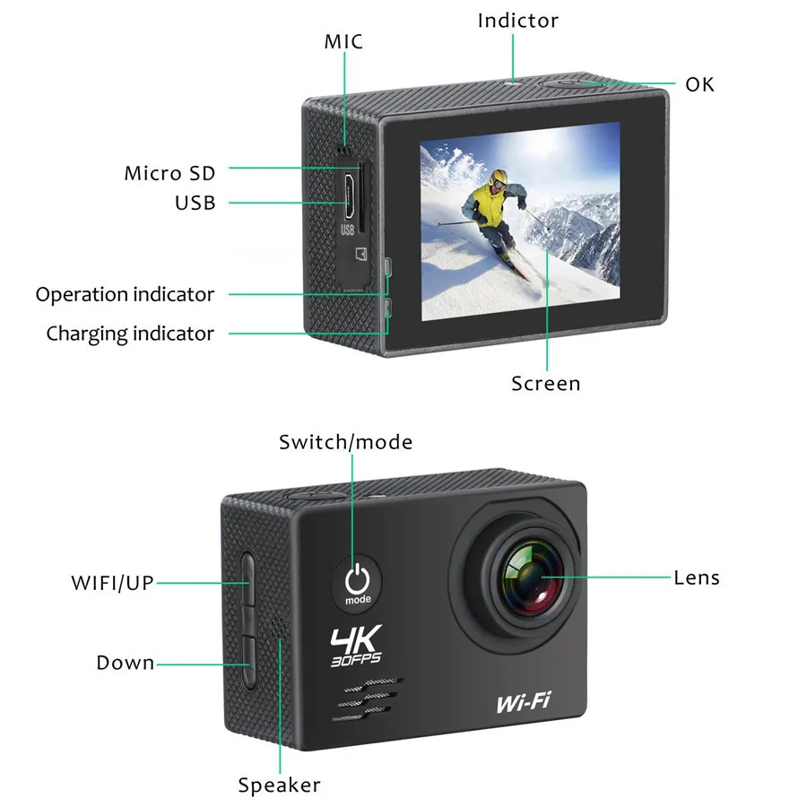 4K Wifi Экшн камера 2 дюймовый экран 1080P Водонепроницаемая Спортивная для дайвинга и