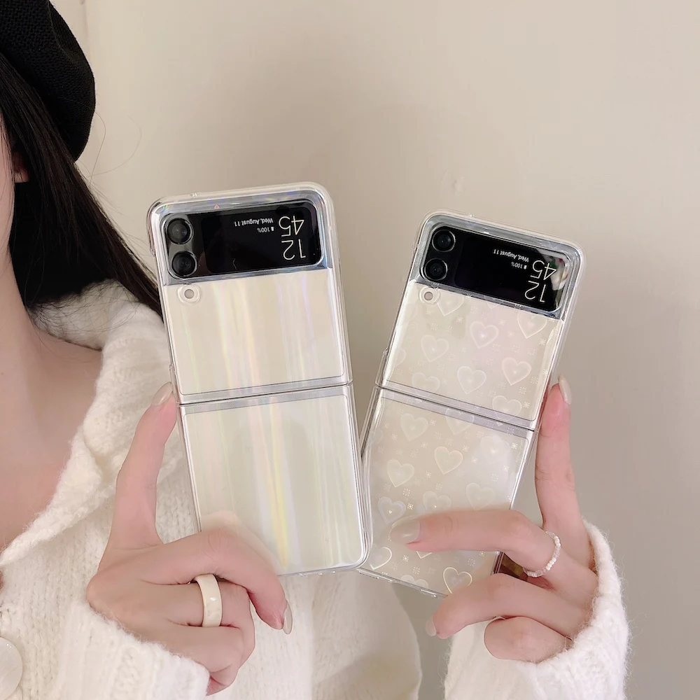 Прозрачный лазерный чехол для телефона с сердечками Samsung Galaxy Z Flip 3 ZFlip3 красивый