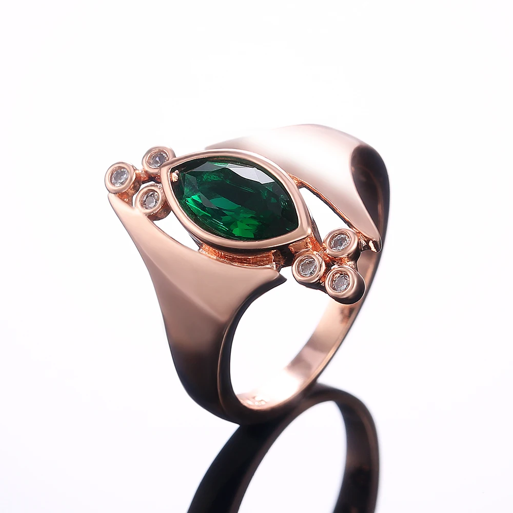

JK Rose Gold Color Women Finger Ring Marquise Green Stone Vintage Party Ring Anniversary Gift for Lady Retro Rings Jewelry