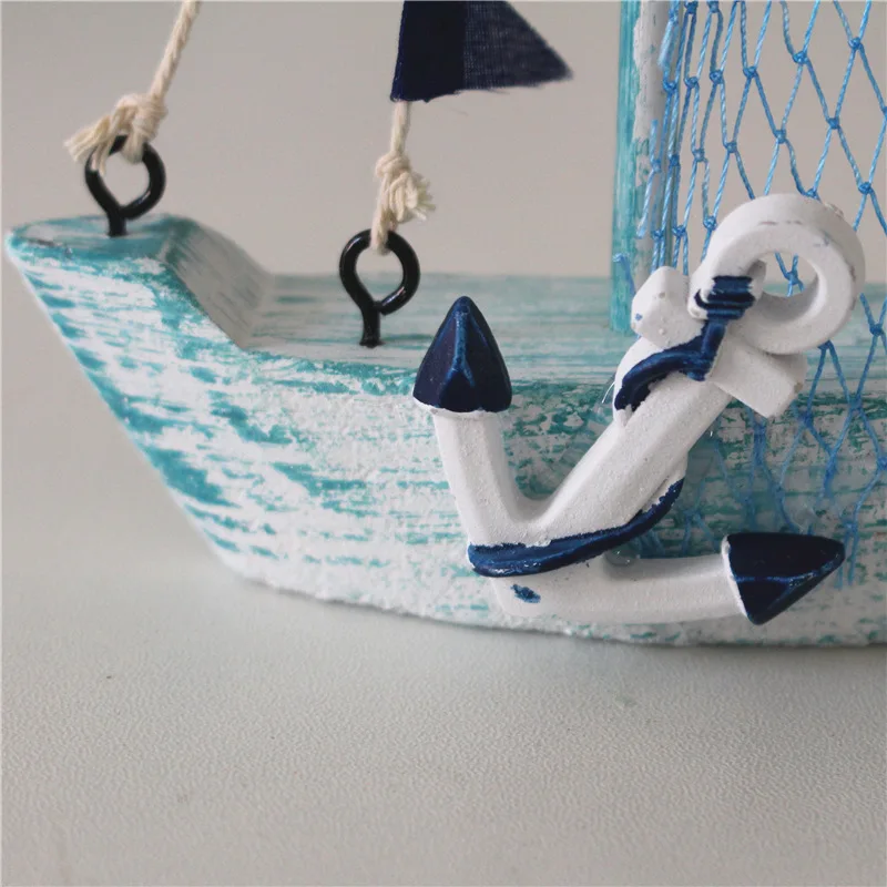 

Mediterranean Style Marine Nautical Wooden Blue Sailing Boat Ship Wood Crafts Ornaments Party Room Home Decoration