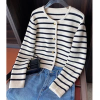 limiguyue striped cardigan women gold buckle knitted short coat loose classic o neck elegant autumn winter sweater casual k3861