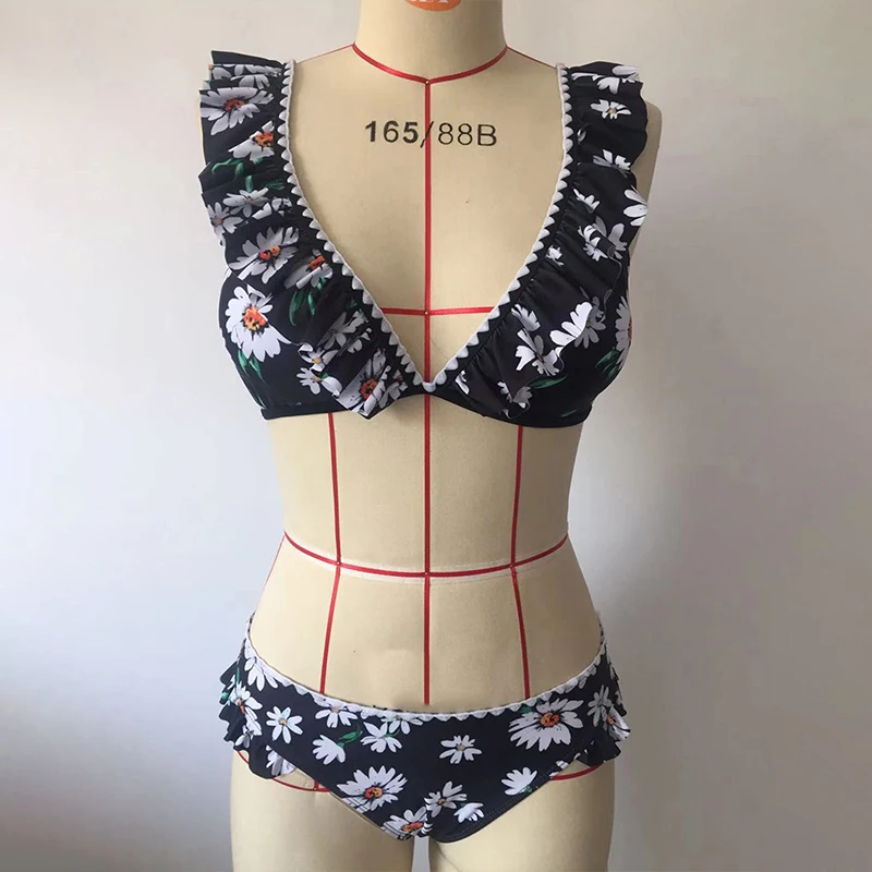 

New Sexy Brazilian Bikini Set Women Sunflower Print Swimsuit 2021 Biquini Padded Bandeau Ruffle Swimwear Maillot De Bain Femme