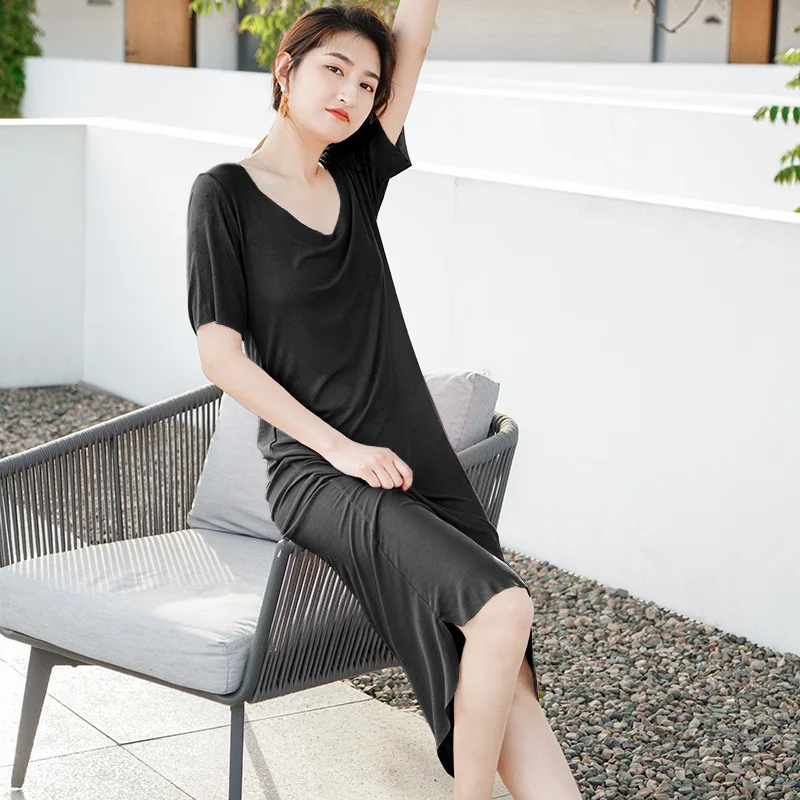 New Summer Autumn Modal Slim Round Neck Nightgown Solid Color Long Skirt Women's Nightdress Home Wear Comfortable Soft Nightwear