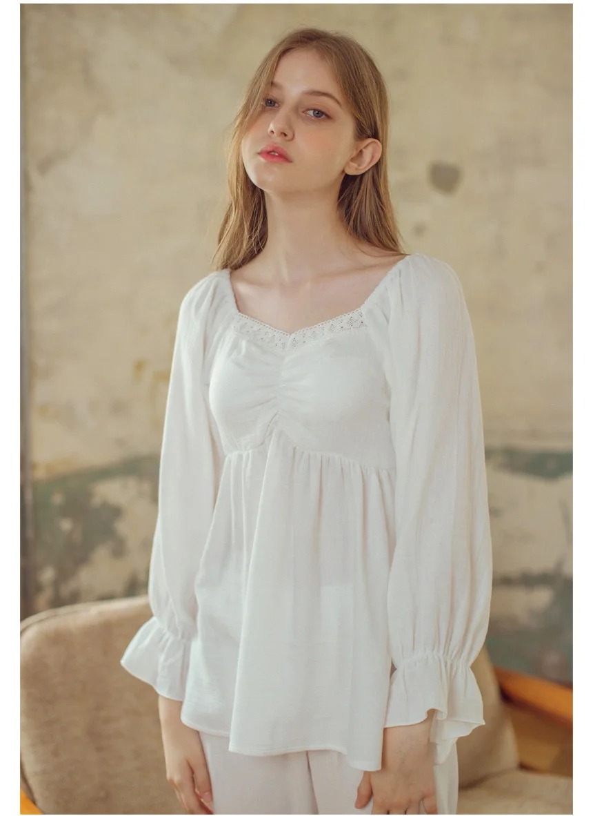 IZICFLY весна осень новый стиль белые пижамы наборы с длинным рукавом Брюки Ночная