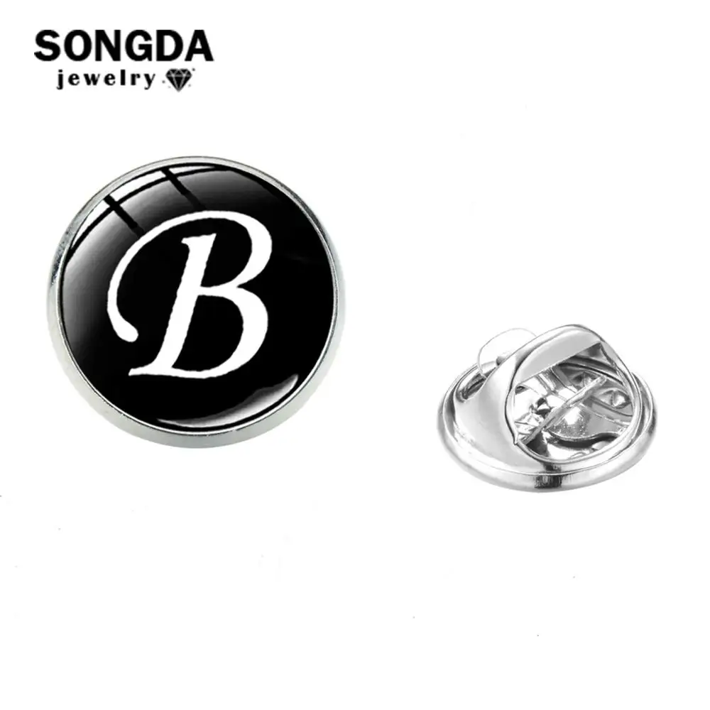 

Initial A-Z 26 Letters Brooch Pin Stainless Steel Glass Cabochon Fashion English Symbol Men Suit Shirt Lapel Pins Party Jewelry
