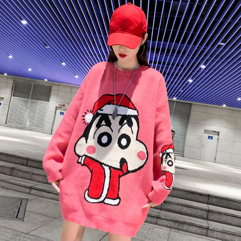 

Pink Christmas sweater female loose wear Korean version 2019 new long coat top shirt autumn and winter ladies sweater plus size