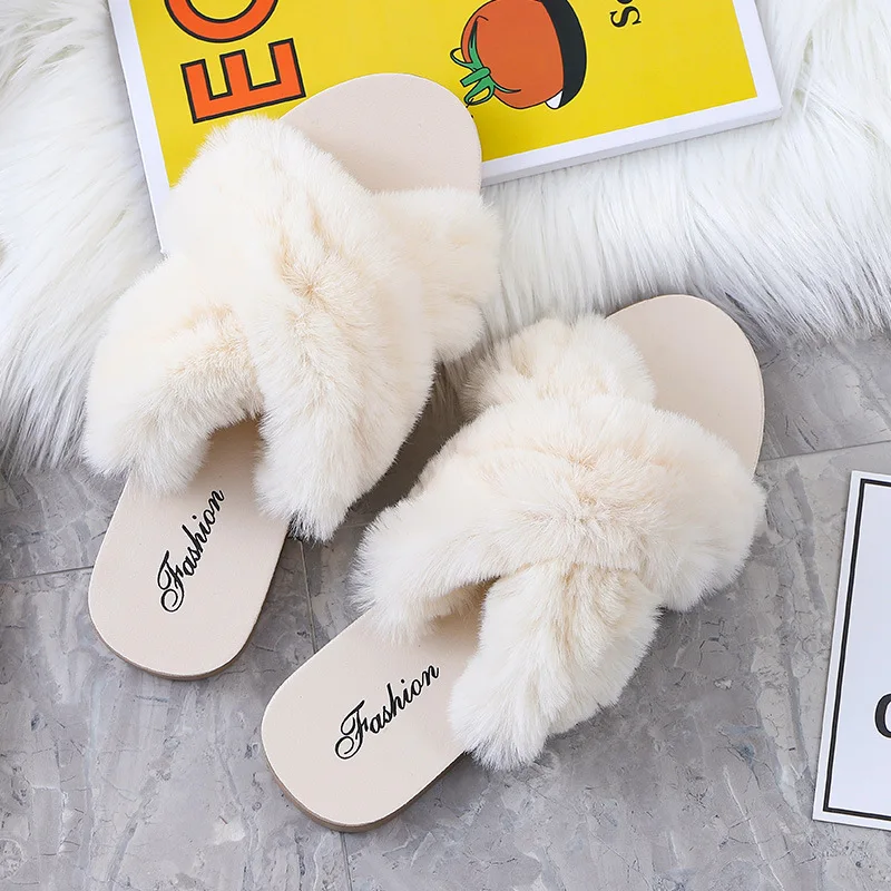 

2021 Autumn and Winter Plush Slippers Cross Plush Slippers Women's Floor Quiet Warm Antiskid Wear Home Slippers