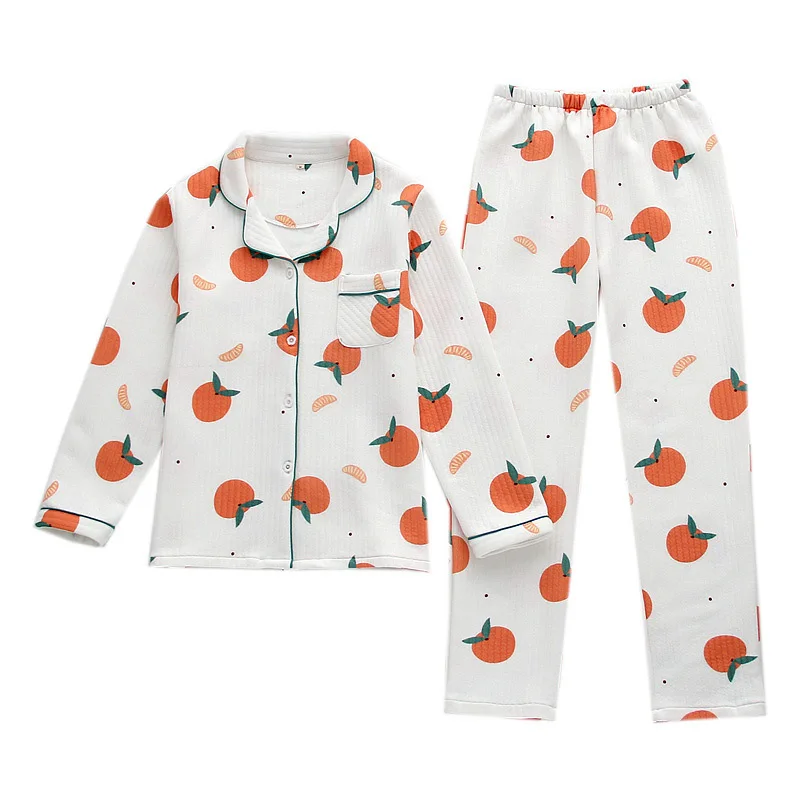 

Winter Thick Cotton Quilted Pajamas Suit Women's Three-layer Warm Plant Printing Long Sleeve Lapel Large Size Pajamas for Girls