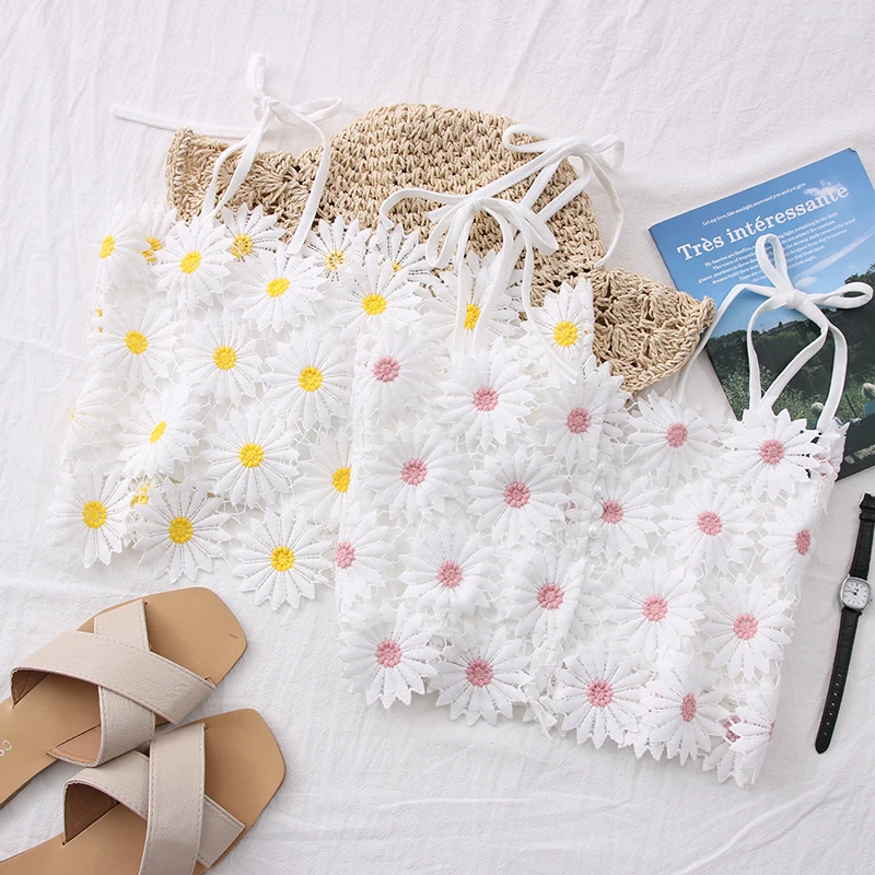 Кружевные вязаные топы MUMUZI белые летние блузки без рукавов с высокой талией