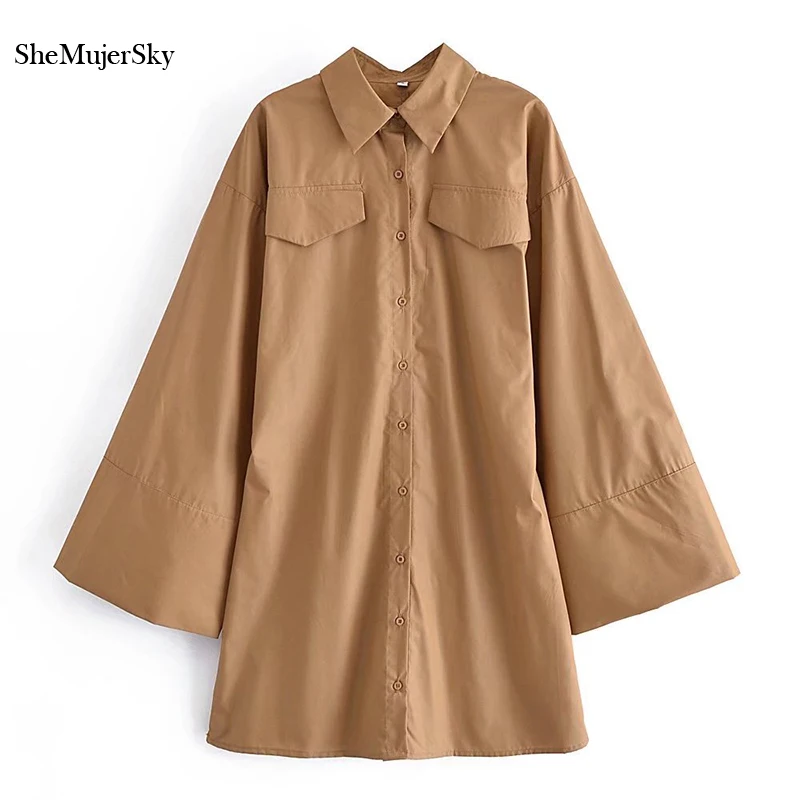 

SheMujerSky Women Long Sleeve Khaki Dress 2021 Spring Autumn Flare Sleeve Turn-down Collar Shirt Dresses