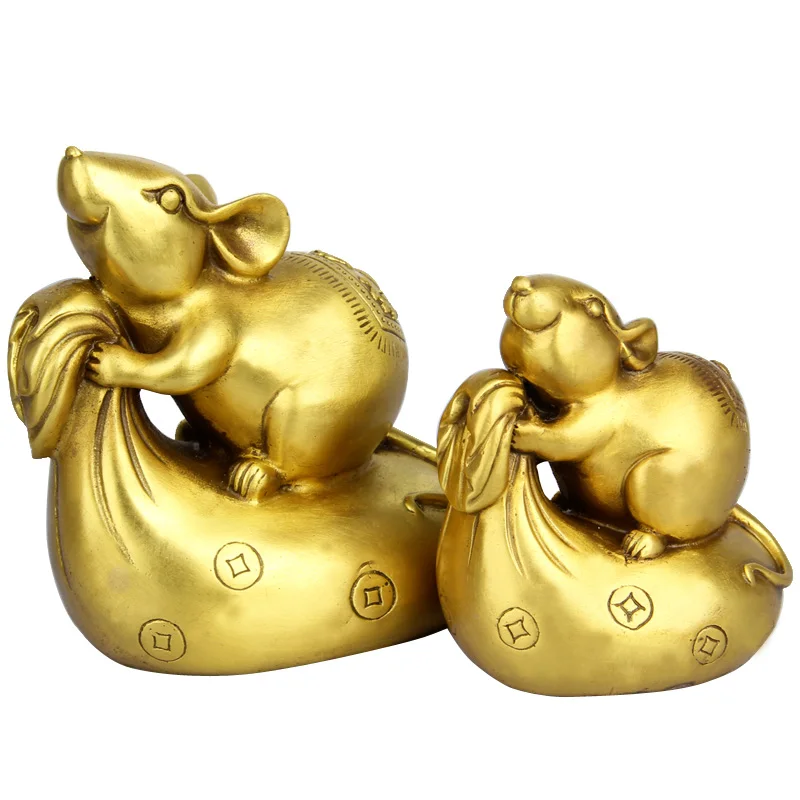 Китайская Статуэтка фэн-шуй латунная мыши на денежном мешке крыс статуэтка