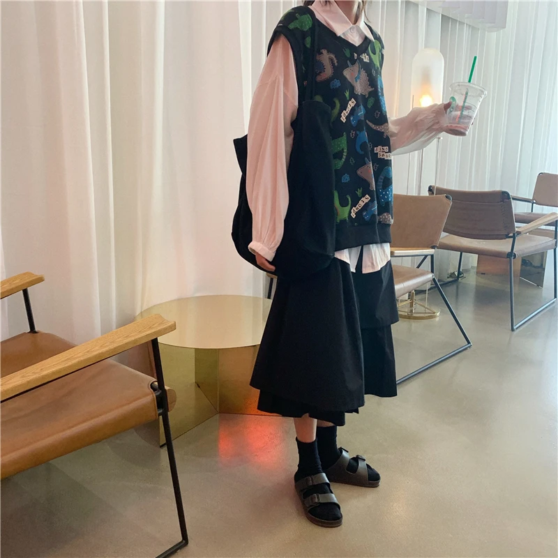 Woherb Женский вязаный жилет с v-образным вырезом Harajuku Kawaii с рисунком динозавра Женский Повседневный безрукавный вязаный жилет